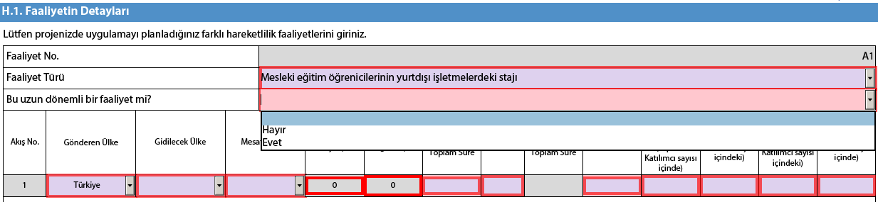 Yukarıdaki tabloda görüldüğü üzere her bir faaliyet için ayrı bir tablo oluşturulmalıdır. Mesleki eğitim öğrenicileri için oluşturulan faaliyet tablolarında Bu uzun dönemli bir faaliyet mi?