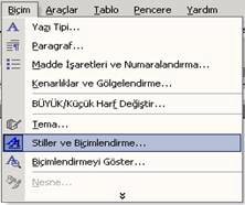 Biçim menüsünden Stiller ve Biçimlendirmeye tıkladığınızda yandaki görev bölmesinin Stiller ve Biçimlendirme menüsü olarak değiştiğini göreceksiniz.