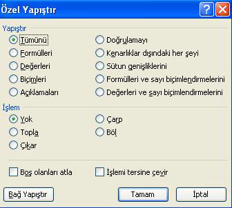 Ya da farenin sağ tuşu yardımıyla çıkan menüden Yapıştır seçeneği tıklanır. Klavye yoluyla ise Ctrl + V tuşlarına basılarak hafızadaki hücreler ilgili yere yapıştırılır.