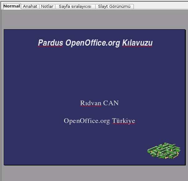 Resim 4.29: OpenOffice.org Impress çalışma alanı görünümleri Çalışma alanın üstünde yer alan görünüm seçeneklerine de zaman zaman ihtiyacımız olacak.