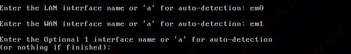 name or a for auto-detection: < Bu kuruluma göre LAN bacağı için em0, WAN bacağı için em1 tercih edildi.