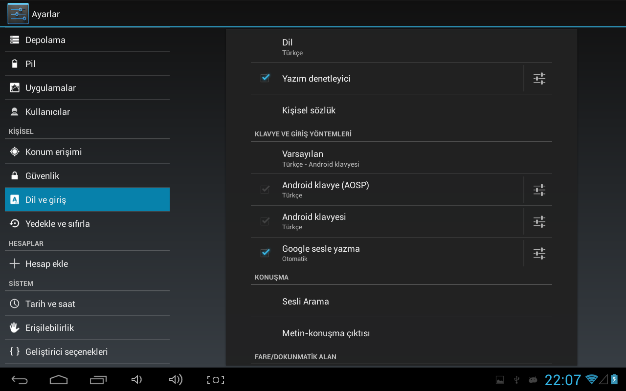 Tablet dilinin değiştirilmesi: Sırasıyla [ Uygulamalar & Widget lar] - [Ayarlar] - [Dil ve giriş] seçimini yapın ve ardından tabletinizi kullanmak istediğiniz dil seçeneğini seçin.