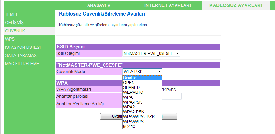 APSD Capable Bu özellik erişim noktasına bağlı istemcilerin güç tasarruf modunda çalışıp çalışmadığını tespit eder; eğer öyle çalışıyorsa cihaz paketleri güç tasarrufu etiketiyle gönderir.