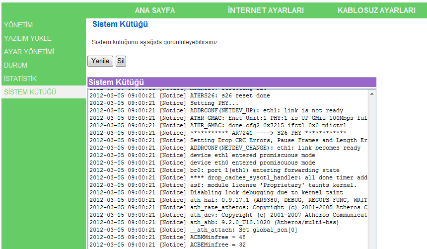 Tüm Arayüzler Rx Packet, Rx Byte, Tx Packet ve Tx Byte gibi bilgiler Ethernet ve Kablosuz dâhil tüm arayüzlerin durumunu gösterir.