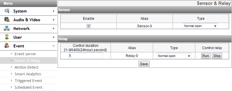 Sensor & Relay Motion Detect Sensor Relay > > Enable: Sensör etkinleştirilmesi için işaretlenmesi gerekmektedir. > > Alias: Sensör adını görüntüler. > > Type: Sensör tipini belirler.
