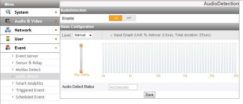 Audio detect (Geçerli Model: LNB5320) Audio Detection > > Enable: [ON] veya [OFF] durumuna ayarlar. [ON] seçildiğinde Temel Yapılandırma menüsü görüntülenir.