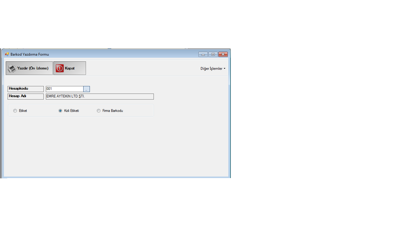Gönderirken hesaba kargo etiketi belirlenir. Hesap kodu ve hesap adı girilir. Etiket, koli etiketi yada firma barkodu şeklinde yazdırılır ön izleme halinde çıkartılır.