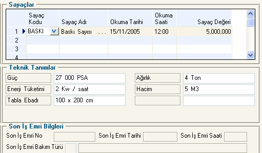 Cihaz / Makina / Mekan Kartı Sayaçlar : Bir cihazın izlenecek sayaçları ve başlangıç değerleri bu bölüme yazılır. İstenilen sayıda sayaç izlenebilir.