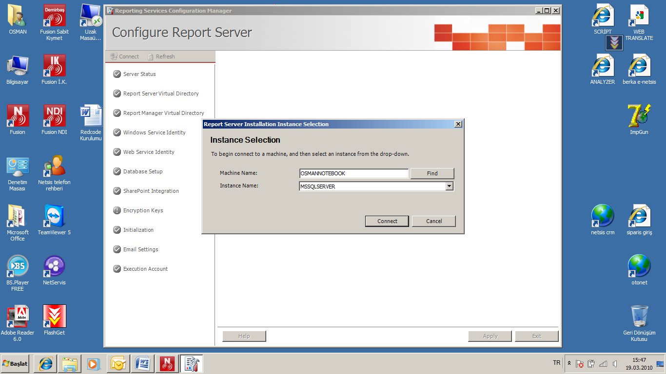 Sayfa No 12 of 45 BAġLAT PROGRAMLARDAN SQL SERVER 2005 KLASÖRÜ ALTINDAKĠ - CONFIGURATION TOOLS REPORTING SERVĠCES CONFIGURASYON SEÇENEĞĠNE GĠRĠLĠR YUKARIDAKĠ EKRAN GELECEK BUNA CONNECT DĠYEREK