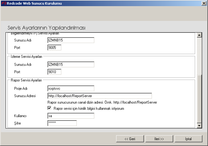 Sayfa No 33 of 45 Adım 5: ġekil 13. Servis Ayarları Adım 5 te ġekil 13 deki ekran açılacaktır. Bu adımda web uygulamasının kullandığı servis bilgileri düzenlenir.
