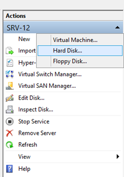 Differencing Disk-03 Sıra geldi artık differencing bir disk oluşturmaya Hyper-V manager konsolumuzu açalım. Actions menüsünden New tıklayalım açılan menüden Hard Disk seçelim.