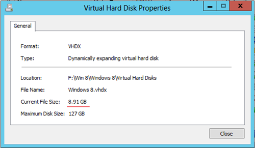 Compact Disk Virtual Hard Disk -11 Virtual Hard Disk Properties penceresine baktığımızda Current file Size 8.91 GB olduğunu görebiliriz. Hatırlarsanız şekil-03 den disk boyutumuz 9.25 GB dı.