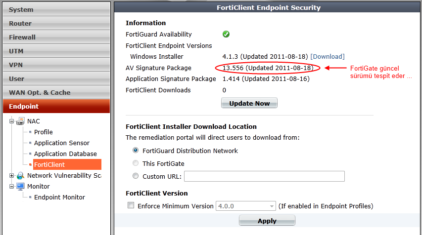 FortiClient yazılımından da anlaşıldığı üzere AV imza veritabanı güncellenmemiş.