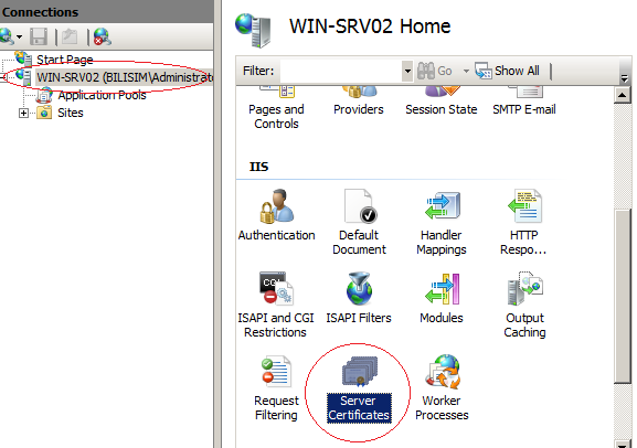 Client Certificate Mapping Authentication seçeneğini ve IIS Management Console seçeneklerini işaretleyip kurulumu tamamlayınız. Start / Server Manage / IIS Manger komutunu çalıştırınız.