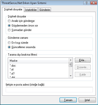 2. Erken Uyarı Sistemi'ni, yeni tehditler ve bu yeni tehdit edici kodun nerede bulunduğu hakkında adsız bilgileri tek bir dosyada gönderecek şekilde yapılandırabilirsiniz.