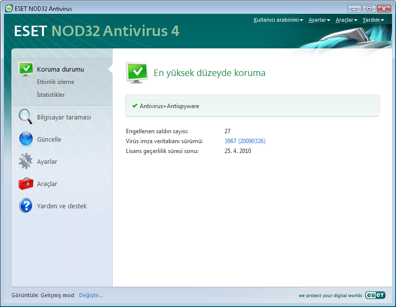 3. Yeni Başlayanlara yönelik kılavuz Bu bölüm ESET NOD32 Antivirus ve temel ayarları ile ilgili genel bir bakış sağlar. Standart mod genel işlemler için gereken özelliklere erişim sağlar.