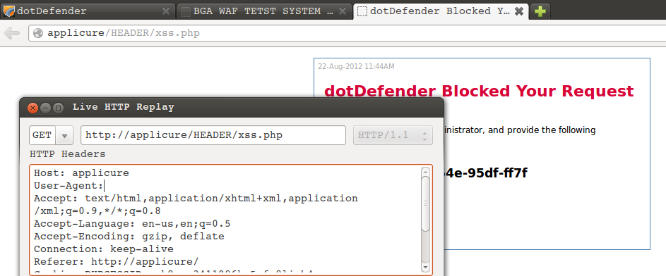 App. dotdefender HTTP Header XSS User-Agent i boş