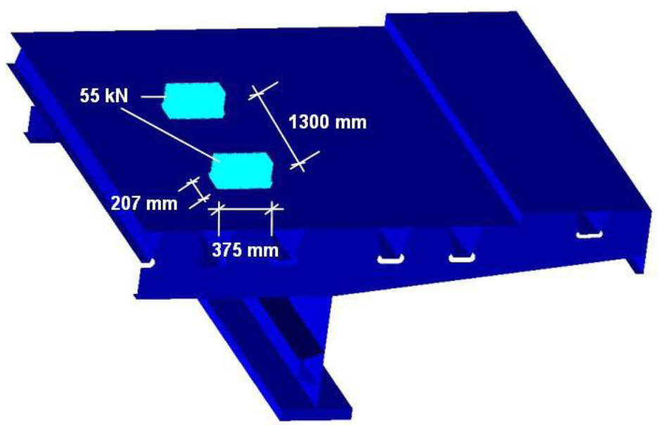 Assessment on Web Slope of Trapezoidal Rib in Sigma 32, 52-59, 2014 3. RESULTS & DISCUSSION Figure 3. Wheel loads on quarter of bridge' s FE- model.