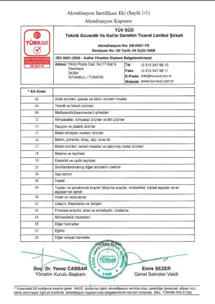 Endüstrisi BS 7799 IT Yönetimi ISO 9001:2000 + HACCP TÜRKAK Yerel Akreditasyon ISO