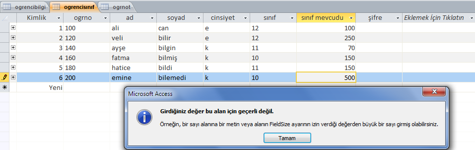 Resim 2.32: Sayı veri türü alan boyutu Resim ss deki gibi alanları olan bir öğrenci sınıf tablosu oluşturunuz. Bu tablonun sınıf mevcudu alanının Alan Boyutu özelliğine bayt veri türünü girin.