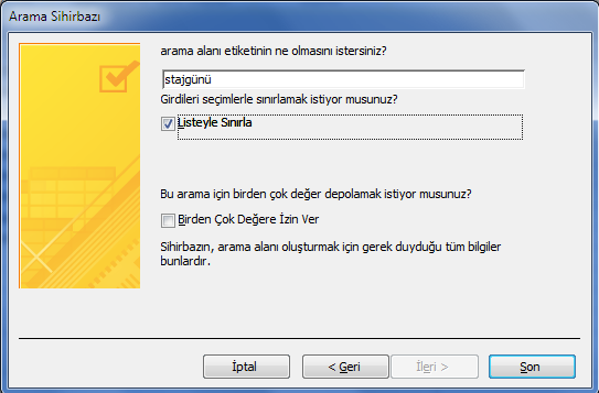 İstediğiniz değerleri siz belirlemek isteseniz karşınıza Resim 2.43 çıkacaktı. Bu pencerede Sütun sayısını 1 e ayarlı olarak bırakın ve Süt1 sütununu tıklayınız.