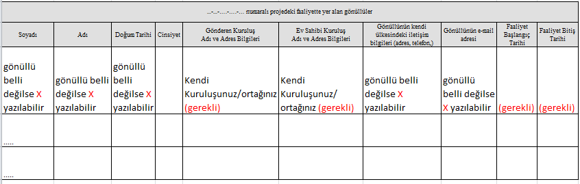 ÖNERİ!!! Faaliyet tariflerini, gönderen-ev sahibi kuruluş ve gönüllü bilgileri Gönüllü Bilgileri Tablosuna girilerek; tablo, ekler kısmında boş yer kalması halinde excel dosyası olarak eklenilebilir.