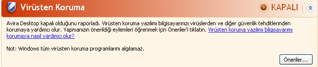 SSS, İpuçları Virüs koruması AÇIK Avira ürününüzü kurduktan ve ardından bir güncelleme gerçekleştirdikten sonra, aşağıdaki iletiyi alırsınız: Avira ürününüz artık güncel ve Avira Gerçek Zamanlı