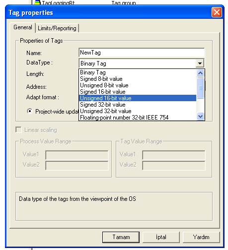 Veri tiplerinin listesinden Unsigned 16 bit value seçin. Girişlerinizi onaylamak için okey tıklayın. Oluşturacağınız tüm iç etiketler Wincc Explorer sağ alt penceresi içinde listelenecektir.