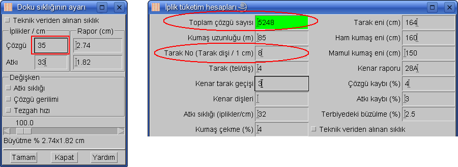 Şekil 212: Çözgü sıklığı ayarı ve boşluk tuşuna basma; Program İplik tüketim hesapları penceresinde yer alan Çözgü iplik sayısını ve Tarak numarasını hesaplayacaktır. 13.1.2 Tarak diş sayısı yerine Toplam diş sayısını da kullanabilirsiniz.