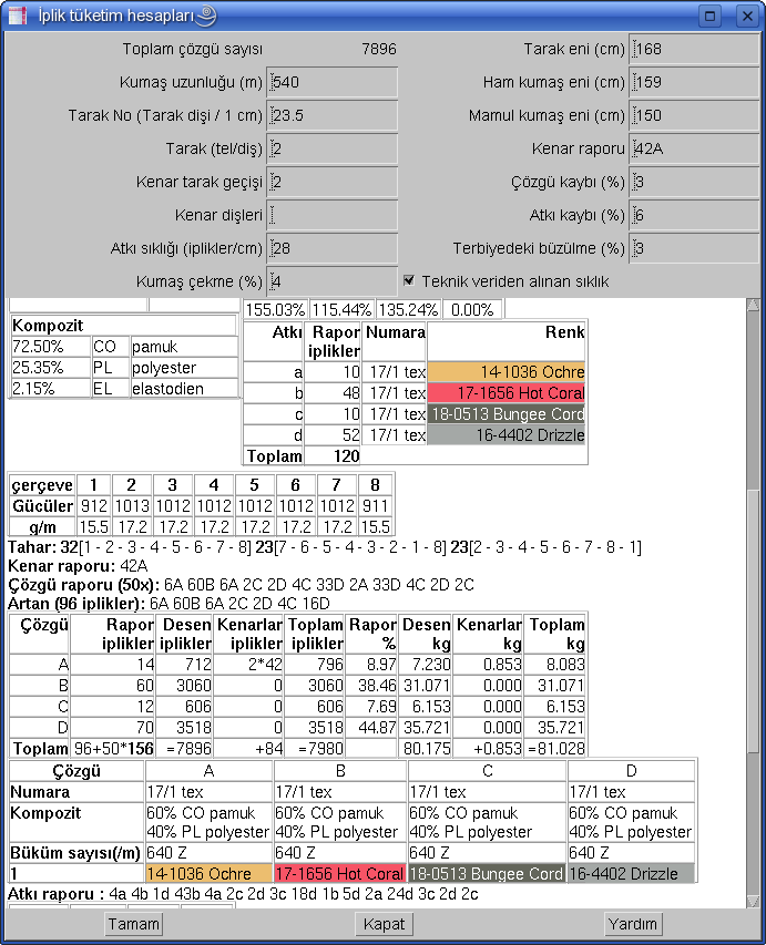 Şekil 219: İplik tüketim hesapları 13.7 Teknik veri sayfasının kaydı ve yazdırılması Teknik veri HTML veya XML formatında kaydedilebilir.