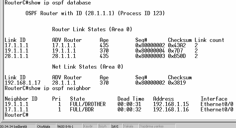 RouterA dan alınan bu görüntude komşu routerlar ve bu routerlar ile olan ilişki tespit edilebilmektedir. Örneğin 28.1.