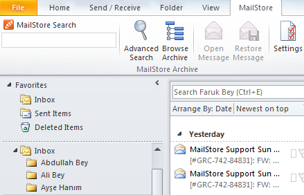 İstemci (Outlook) üzerinden sileceğiniz e-postalarınızı MailStore Outlook Addin sayesinde Outlook ekranınızdan arayabilirsiniz. Kullanıcılar aramaları kendi arşivlerinde gerçekleştirebilir.