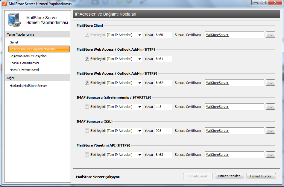 Ip Adresleri ve Bağlantı Noktaları : Bileşenleri tek tek etkinleştirip devre dışı bırakmanın yanı sıra IP adresi ve port numarası da belirtebilirsiniz.