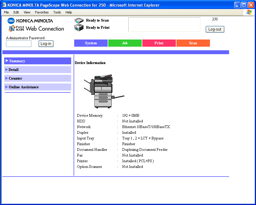 PageScope Web Connection Kullanılarak ayarların yapılması 9 Sayfa yapısı PageScope Web Connection işlevine erişildikten hemen sonra görüntülenen sayfaya Kullanıcı modu sayfası denir.