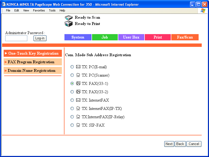 PageScope Web Connection Kullanılarak ayarların yapılması 9 3 [Sub Address Registration] seçeneğine tıklayınız.