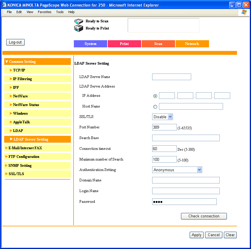 PageScope Web Connection Kullanılarak ayarların yapılması 9 4 Her bir parametre için bir ayar