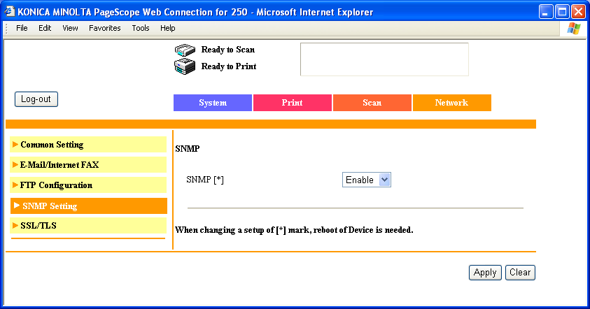 PageScope Web Connection Kullanılarak ayarların yapılması 9 9.20 SNMP SNMP kullanılıp kullanılmadığını seçin. SNMP ayarlarını belirlemek 1 Yönetici modunda, Ağ sekmesine tıklayınız.