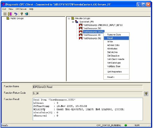 AX OPC Server ve WebVisit PC WorX, OPC ve Test Client arasındaki bağlantılar her bir değişken için üzerine sağ tıklayarak