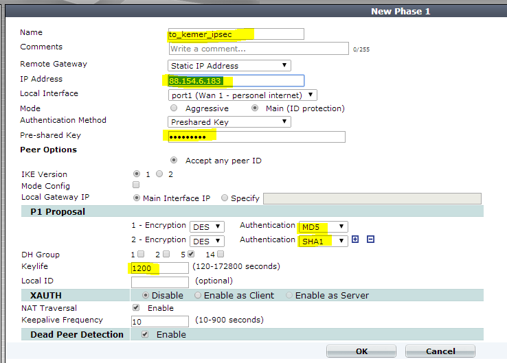 Site to Site İpo Sec Vpn Wan 1 üzerinden 88.154.6.