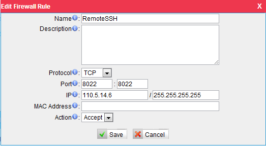 ResimI-19 Basamak 7. SSH portuna uzak erişim için bir kural oluştur. Örneğin, eğer uzak IP adresi 110.5.14.6 ise ve port 8022 ise yapılandırma şu şekilde olmalıdır.