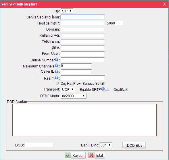 Resim 6-27 Type - Model SIP VoIP Protolun SIP kullanarak aramaları alıp almayacağını belirler.