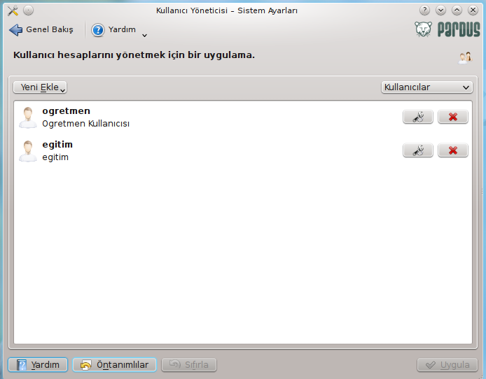 Pardus ana menüden sistem ayarları programı çalıştırılır. Listeden "Kullanıcı Yöneticisi" seçilir. Resim 1.