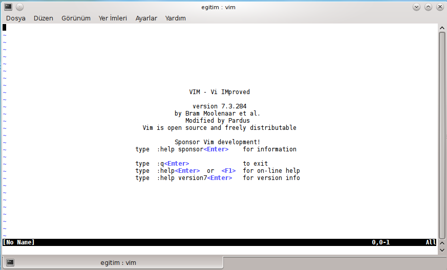 Örnek 2.1: egitim@pardus2011 ~ $ vi ilkyazi.txt Örnekte vim editöründe ilkyazi.txt dosyası var ise açılabilir ya da boş bir dosya oluşturulabilir.