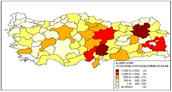 Şekil 185. Bölgede Kaya Düşmesi Olay Dağılımı (90) Şekil 186. Bölgede Su Baskını Afetzedelerin Dağılımı (90) 3.2 Korunan Alanlar 703.