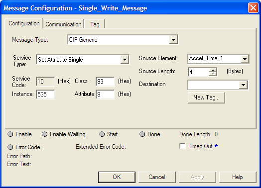 Açık Mesajlaşma Kullanma Bölüm 6 ControlLogix Tek Bir Parametreyi Yazmak için Mesaj Biçimlendirme şekil 16 - Set Attribute Single Message Configuration Iletişim Kutuları Configuration Sekmesi Örnek