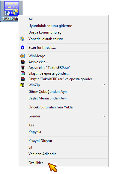 14) Windows 7 İşletim Sistemini Kullananlar Nasıl Bir Ayar Yapması Gerekiyor? TAKBİS-ERP Simgesinin üzerinde sağ-tuşa sonra özelliklere tıklayınız.