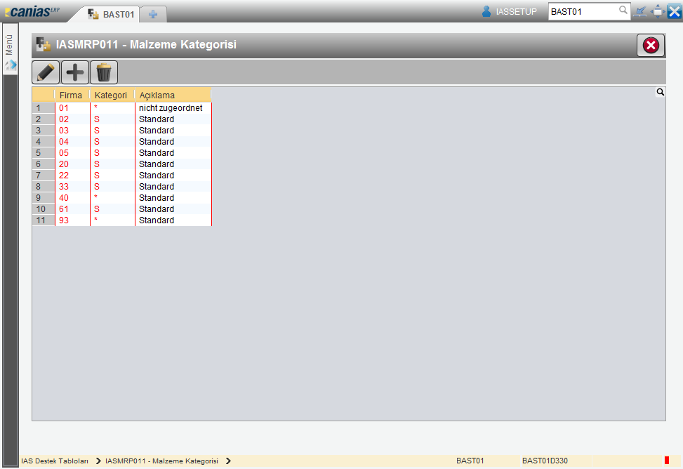 4.1.10. IASMRP011 Malzeme Kategorisi Bu destek tablosunda, malzemeleri planlama bazında bir grup ile ilişkilendiren malzeme kategorileri belirlenebilir. Malzeme kategorileri, Firma Kodu na özgüdür.