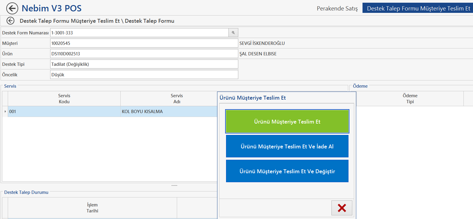 Nebim V3 ERP içerisinde Destek Talep sürecine giren ürünün çözüm işlemi tamamlandığında eğer sorun herhangi bir şekilde kullanıcı hatası nedeni ile oluştu ise veya herhangi bir sebepten bu ürünü