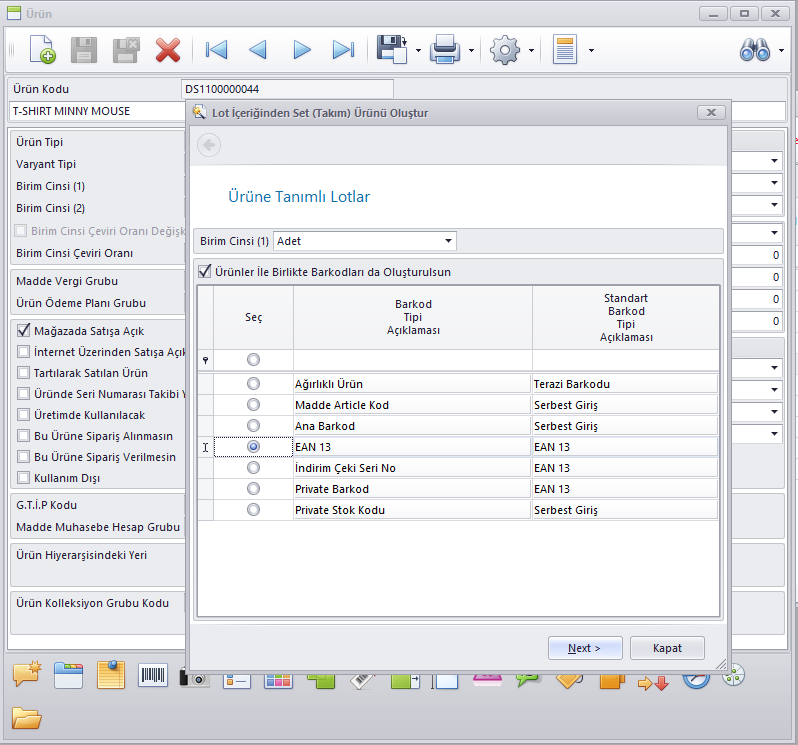 Lot İçeriğinden Set (Takım) Ürünü Oluşturulsun programı ile oluşturulan ürünlere daha sonra tekrar kart içerisinden veya barkod oluşturma sihirbazı ile barkod tanımlanabiliyordu.